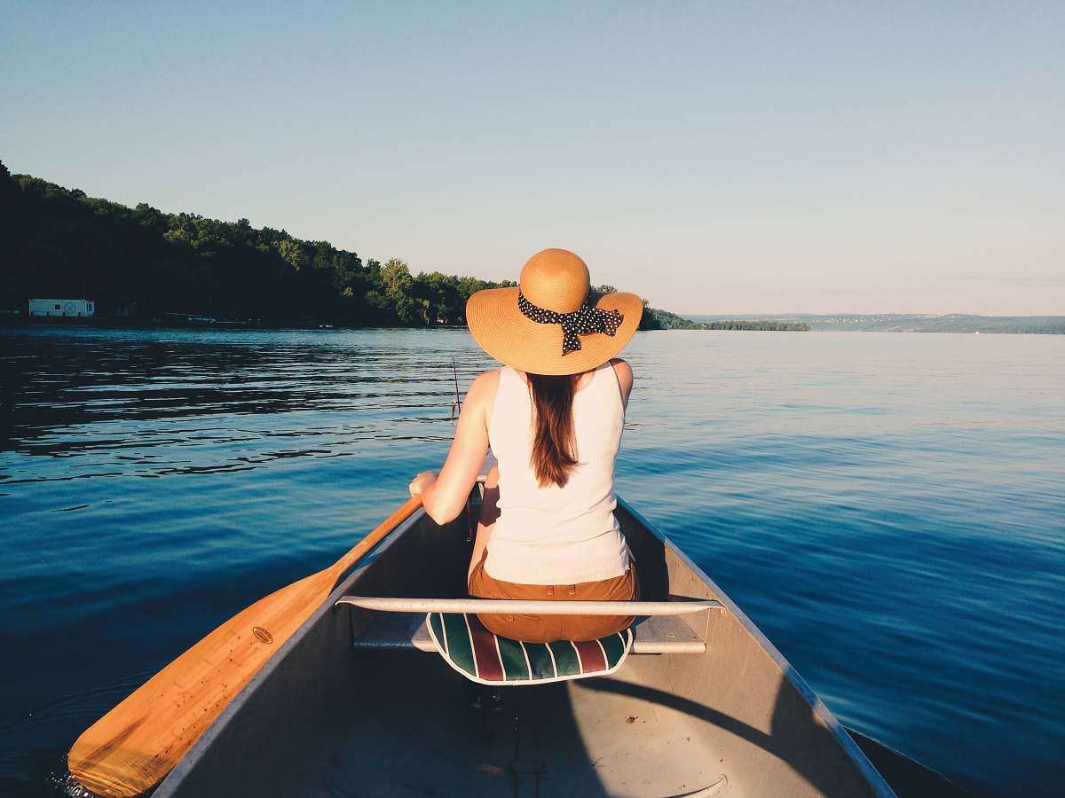 Boat Woman Wearing Sunhat Riding Boat On Body Of Water Canoe Image Free ...