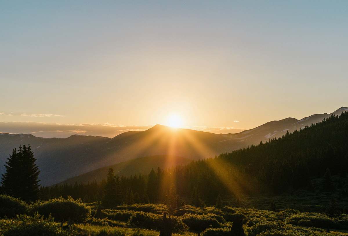 sunrise mountains near trees during golding time nature
