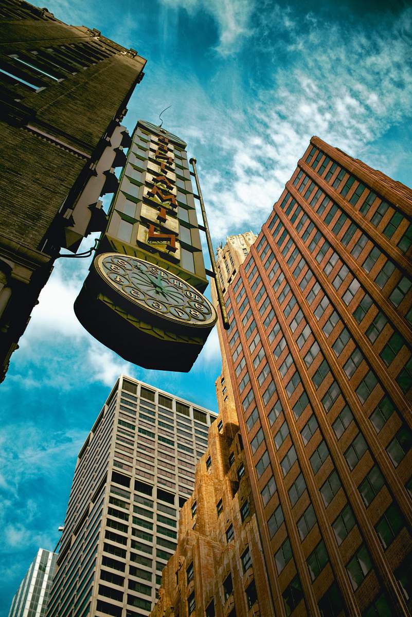 city worm's eye view of city clock building