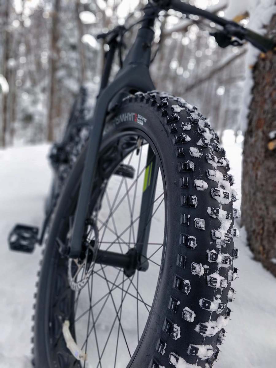 bike black hardtail bike leaning on tree with snow covered field transportation