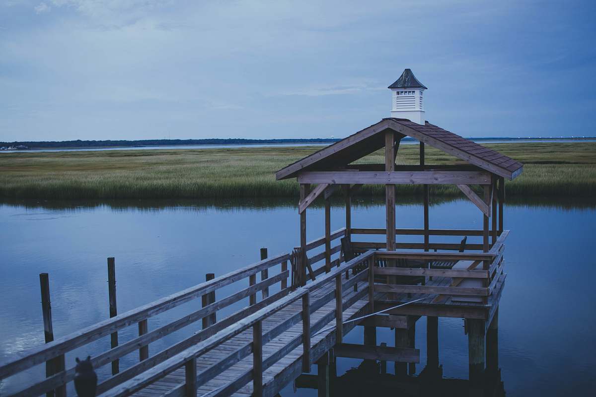 dock gray wooden dock near body of water viewing green rice field under blue and white sky during daytime handrail