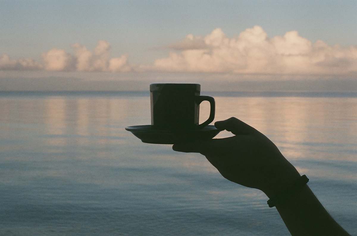 tea person holding white saucer coffee cup