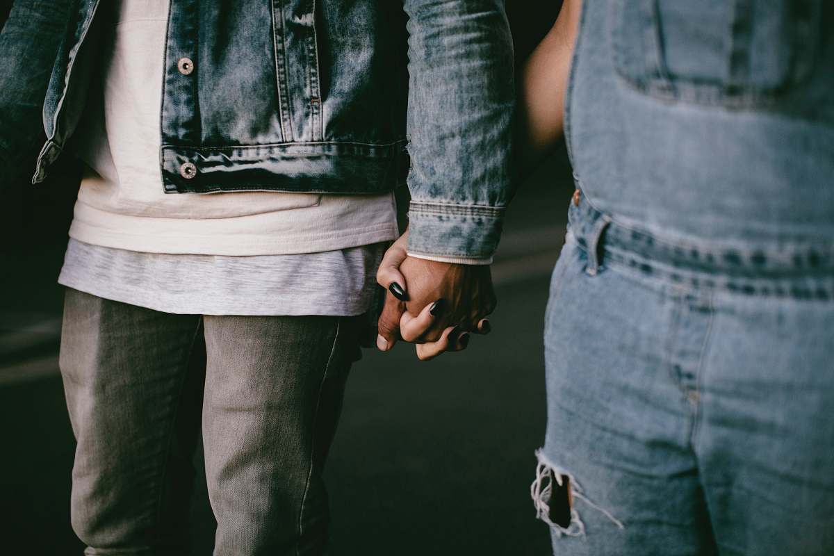 Denim Two Person Holding Hands While Walking Jeans Image Free Photo