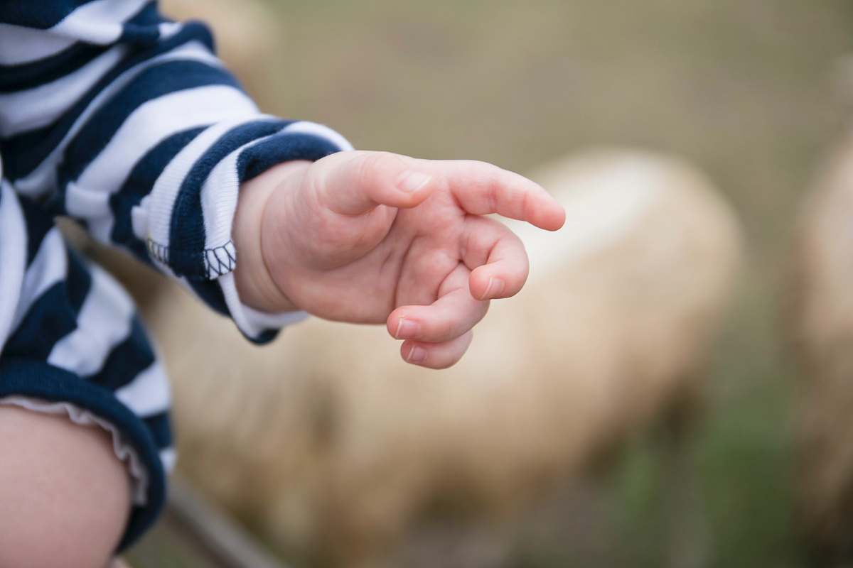 hand close photo of child wearing onesie person