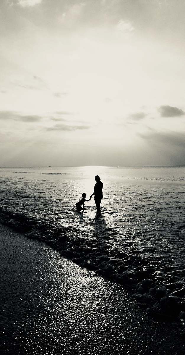 person gray-scale photo of woman and child nature