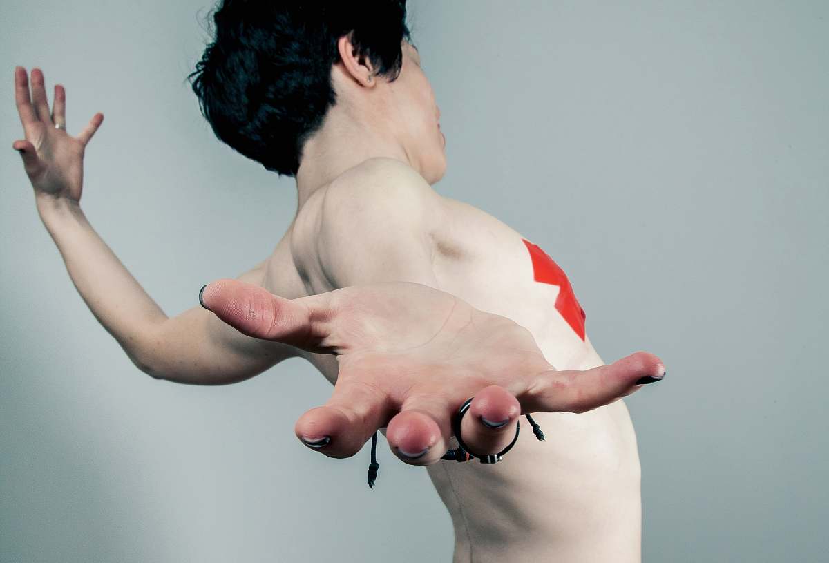 person man spreading arms finger