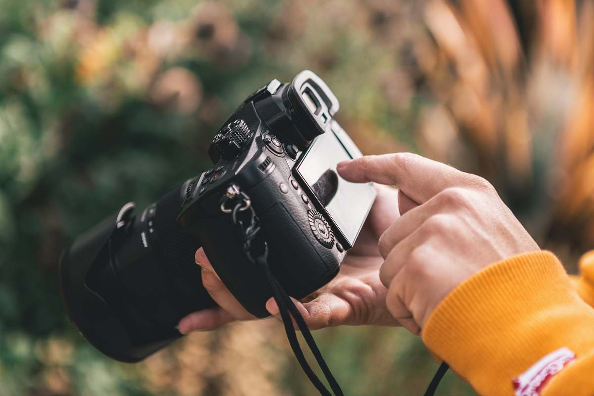 person person holding black DSLR camera people