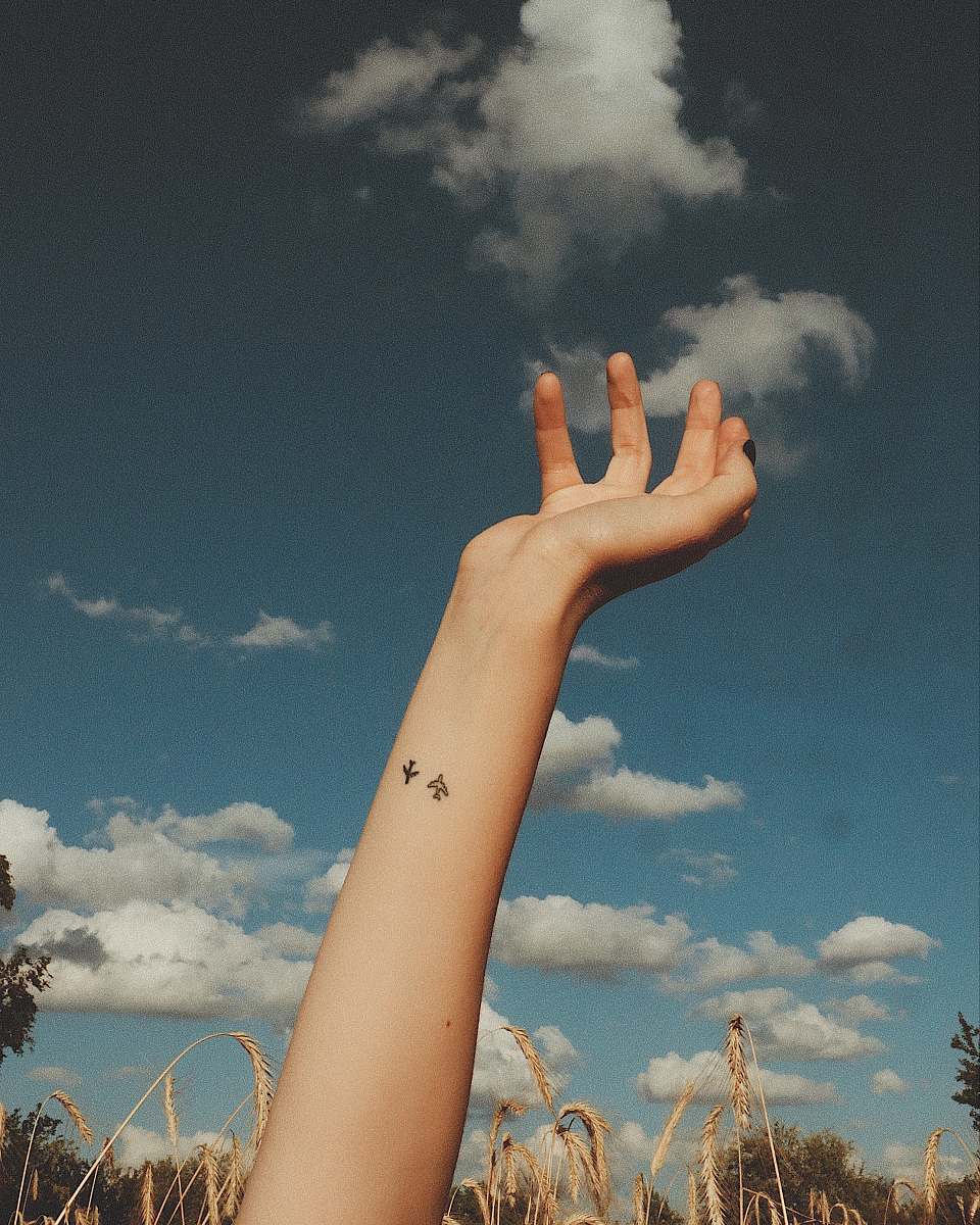 person person holding out left hand to the sky hand