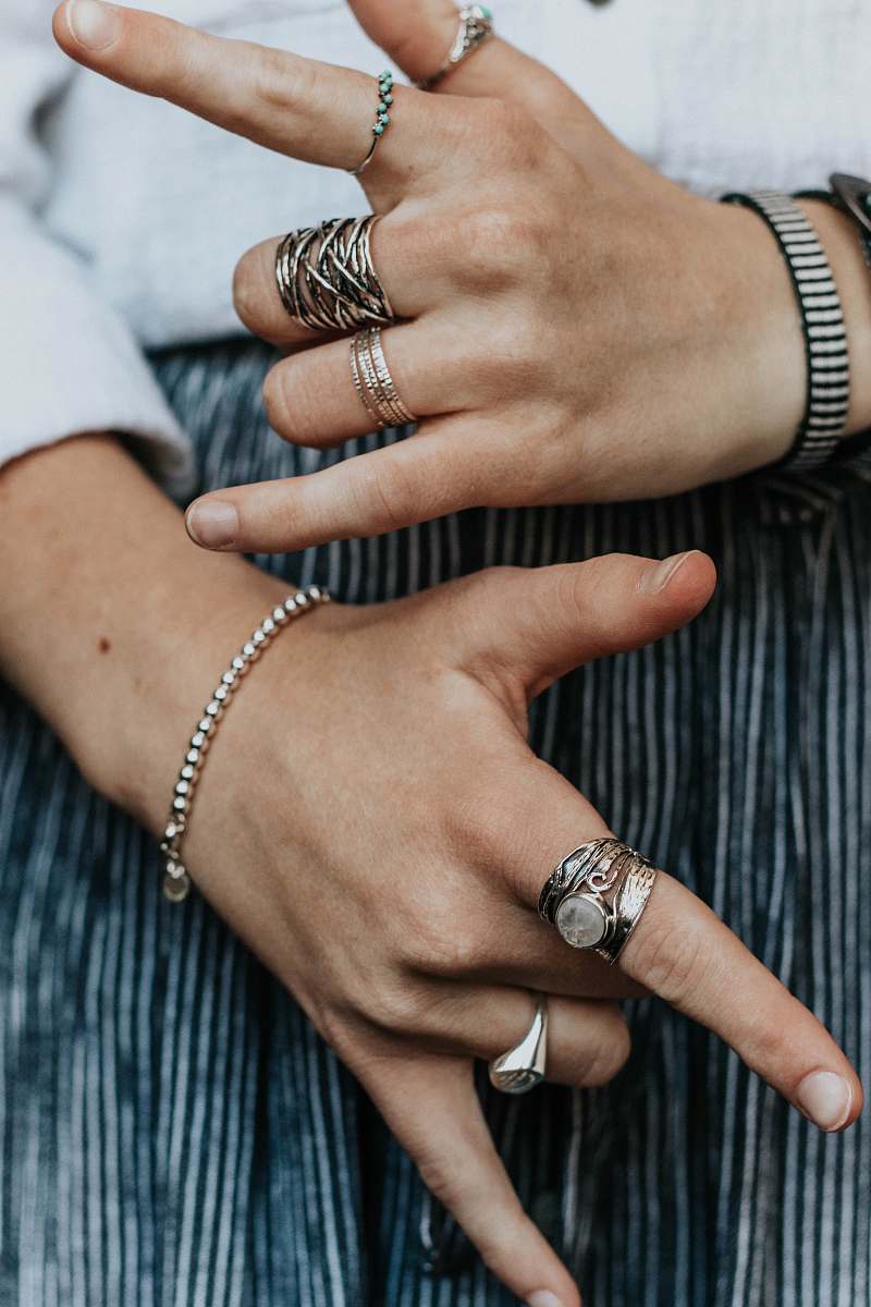 person person wearing silver-colored and gold-colored rings people
