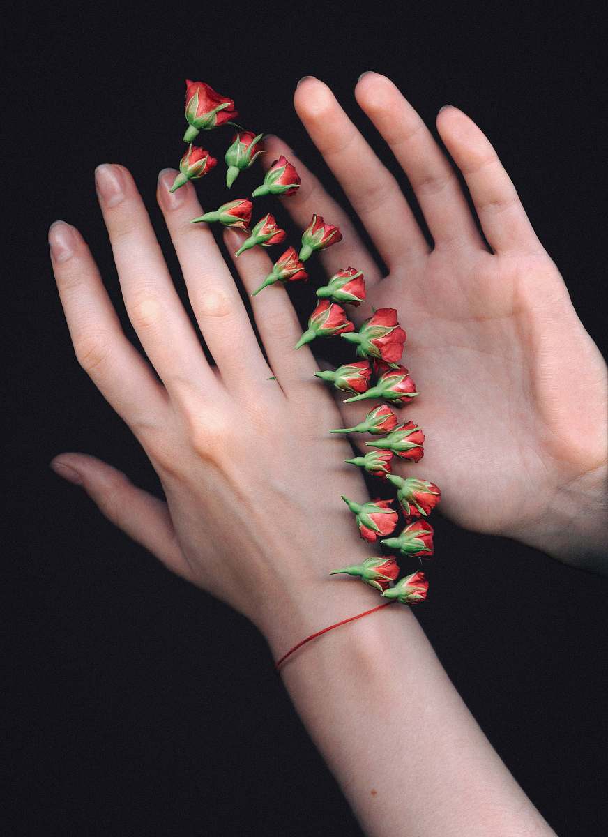 person red flower buds on man and woman hands finger