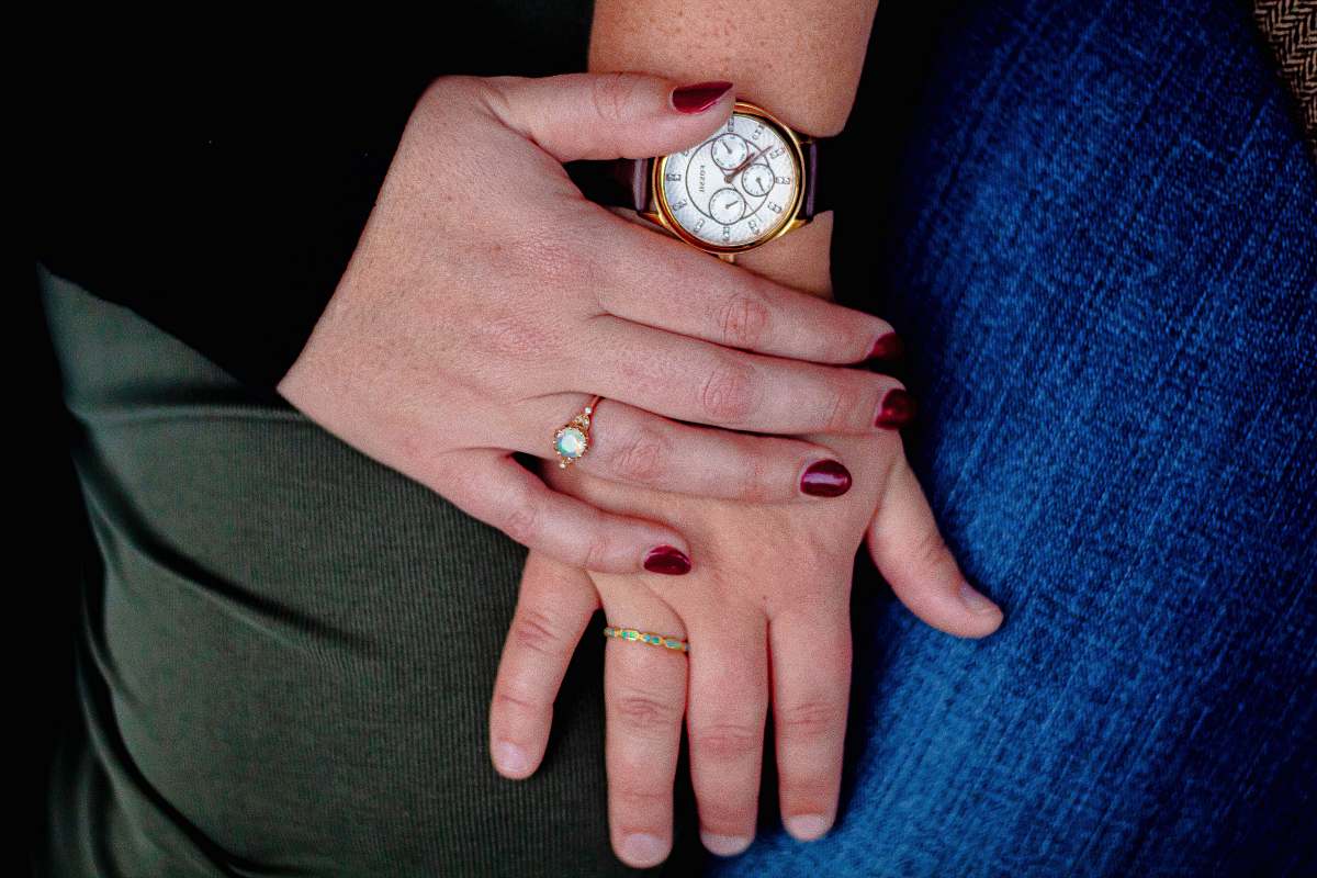 person round gold-colored chronograph watch wristwatch