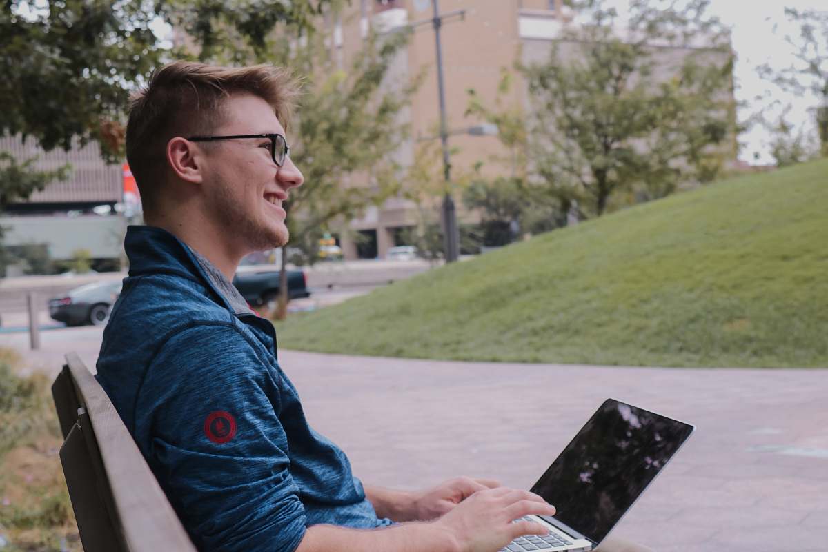 person man using laptop computer human