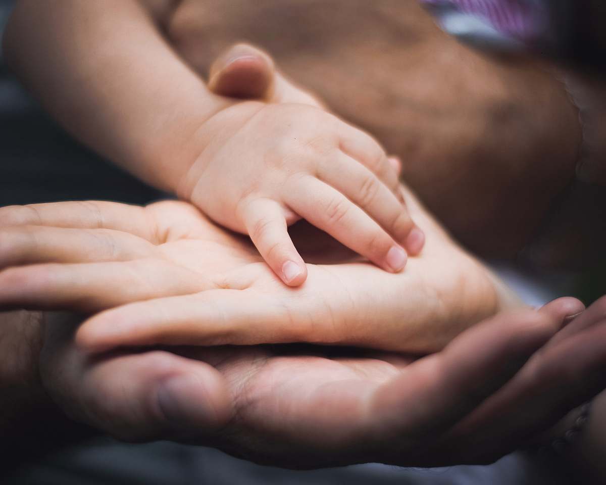 human baby's hand on mother and father palms finger