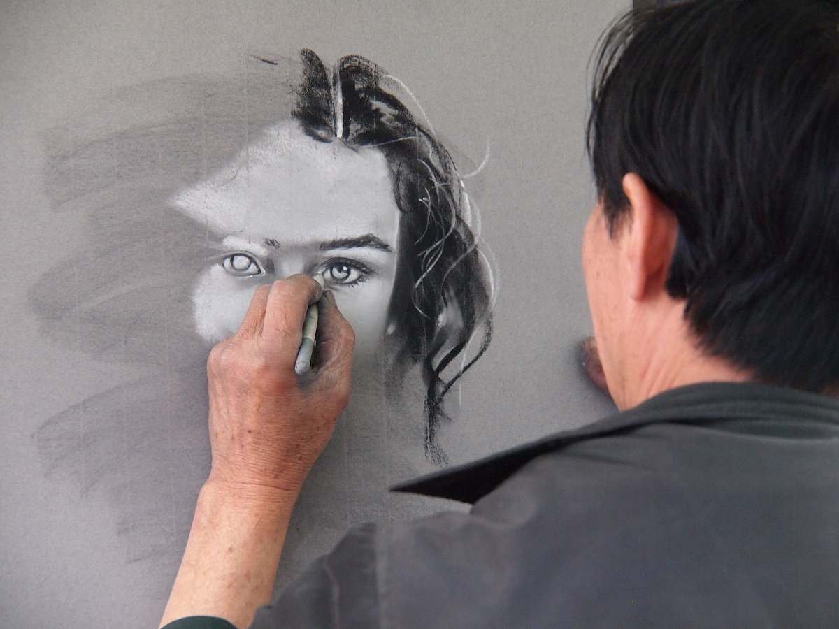 people man sketching portrait of woman human
