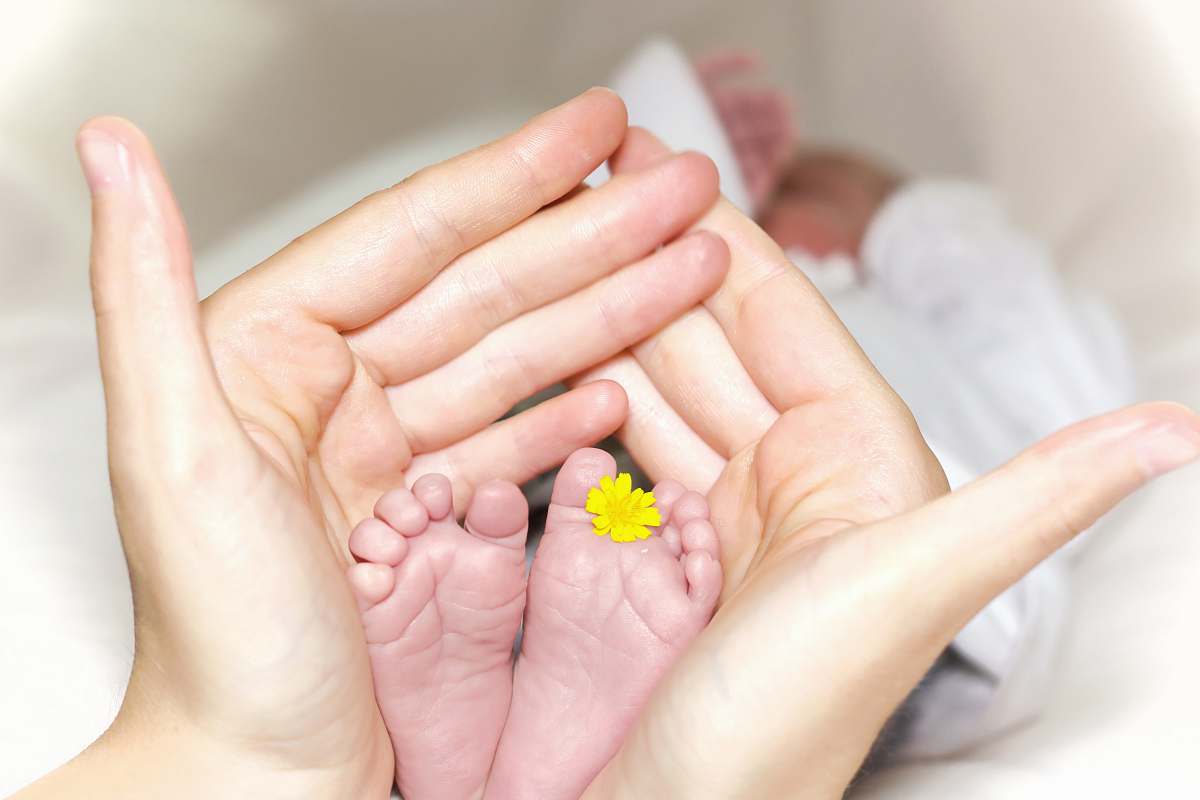 hand person holding baby's toe with yellow petaled flower in between baby