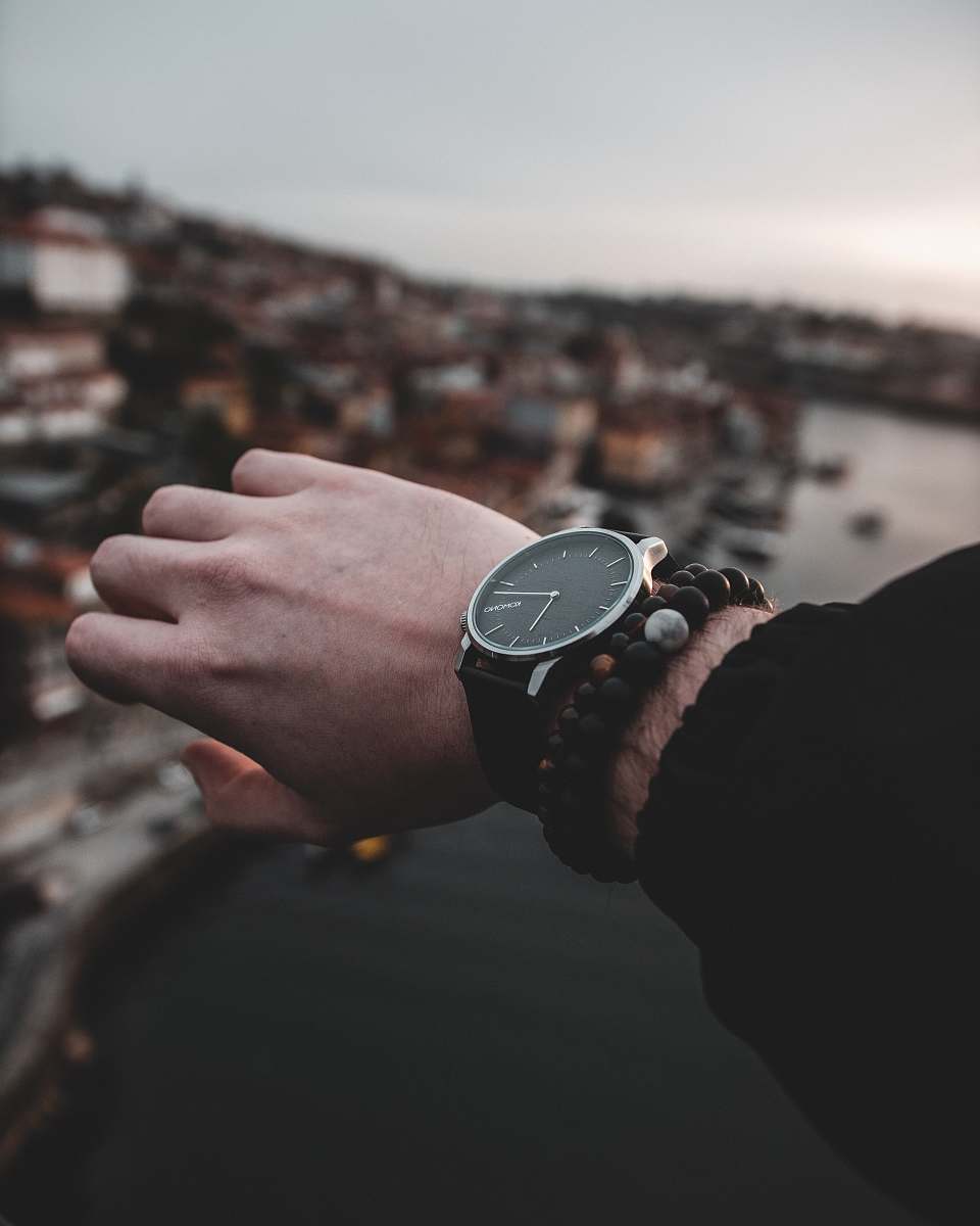 human person wearing silver-colored watch at 6:17 wristwatch