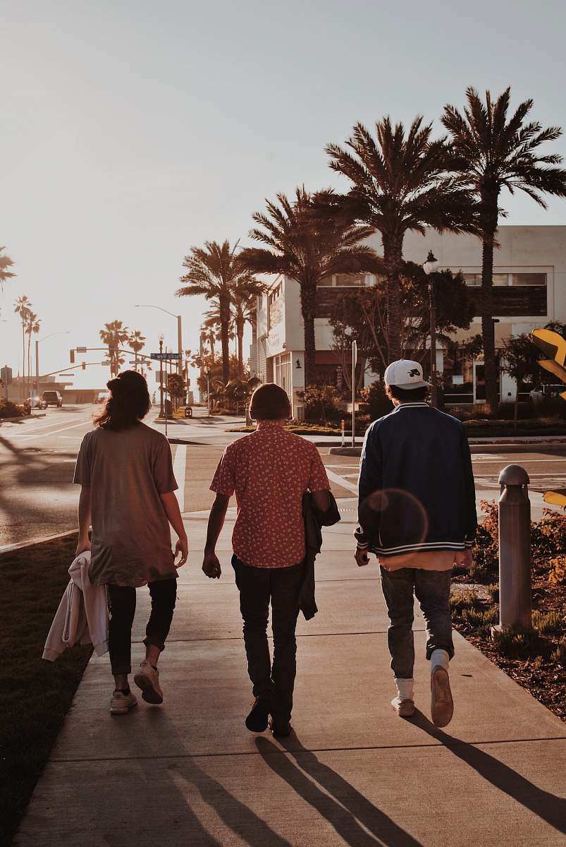 human three persons walking near palm trees pedestrian