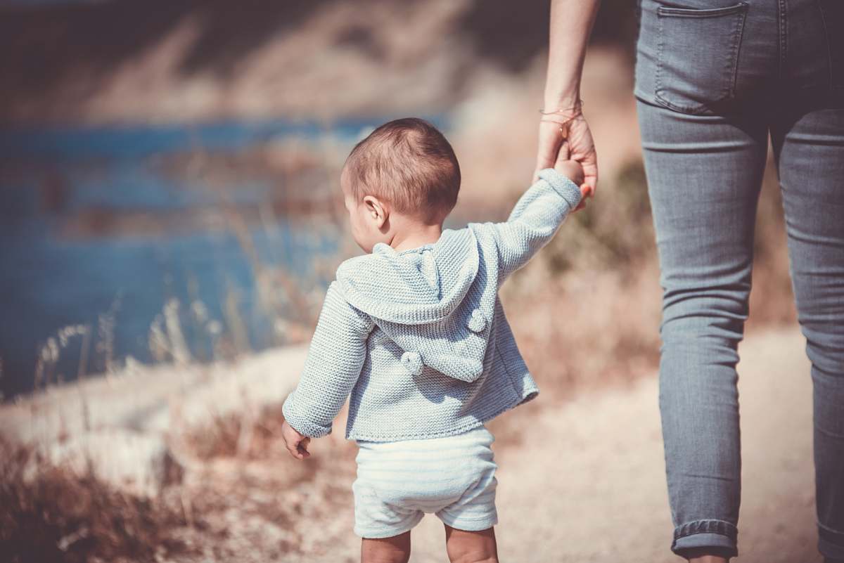 hand toddler's walking on the seashore with adult holding hands
