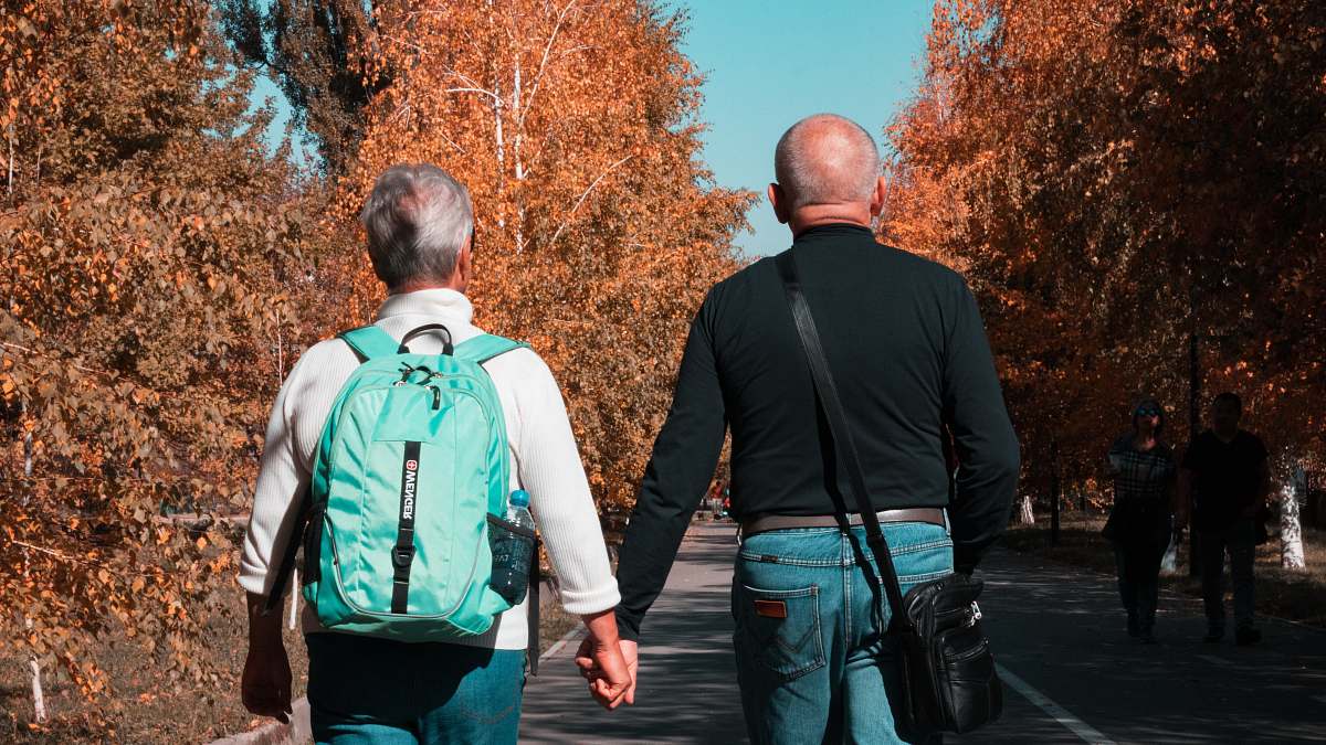 human two men walking near trees apparel