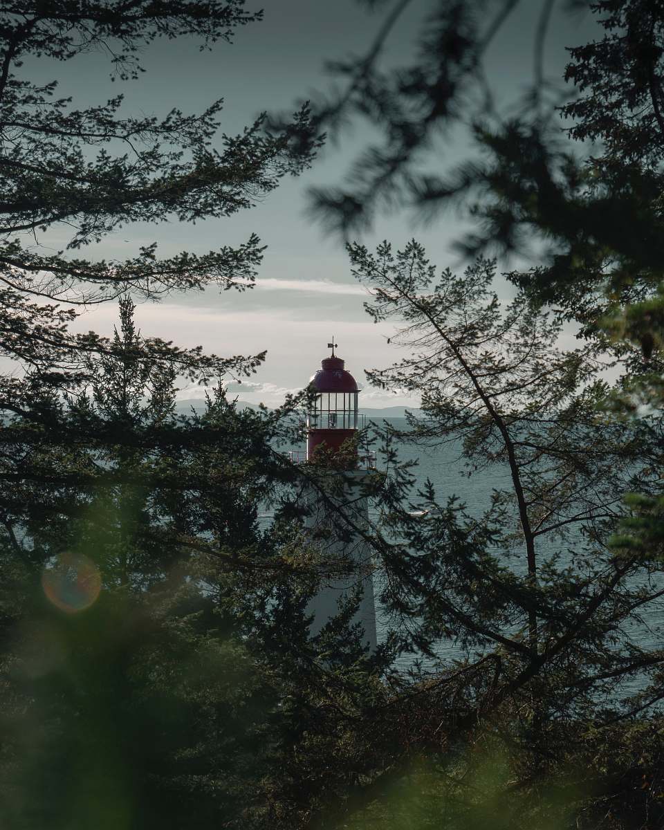 building white and red lighthouse near trees grey