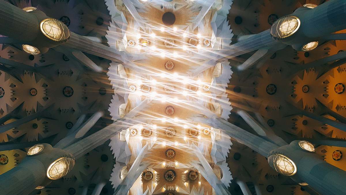 spain Bright lights at the ceiling of Sagrada Família cathedral in Barcelona lights