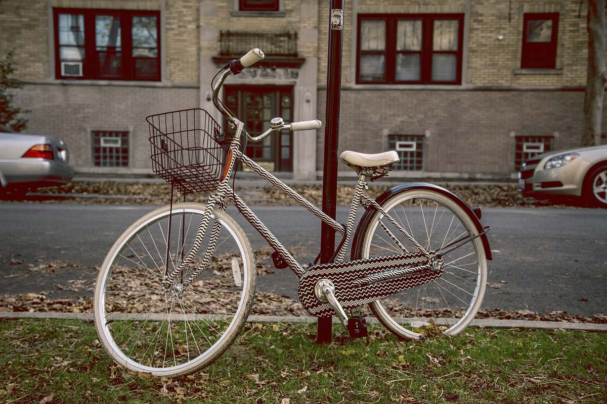 car gray bicycle on top grass and near road bike