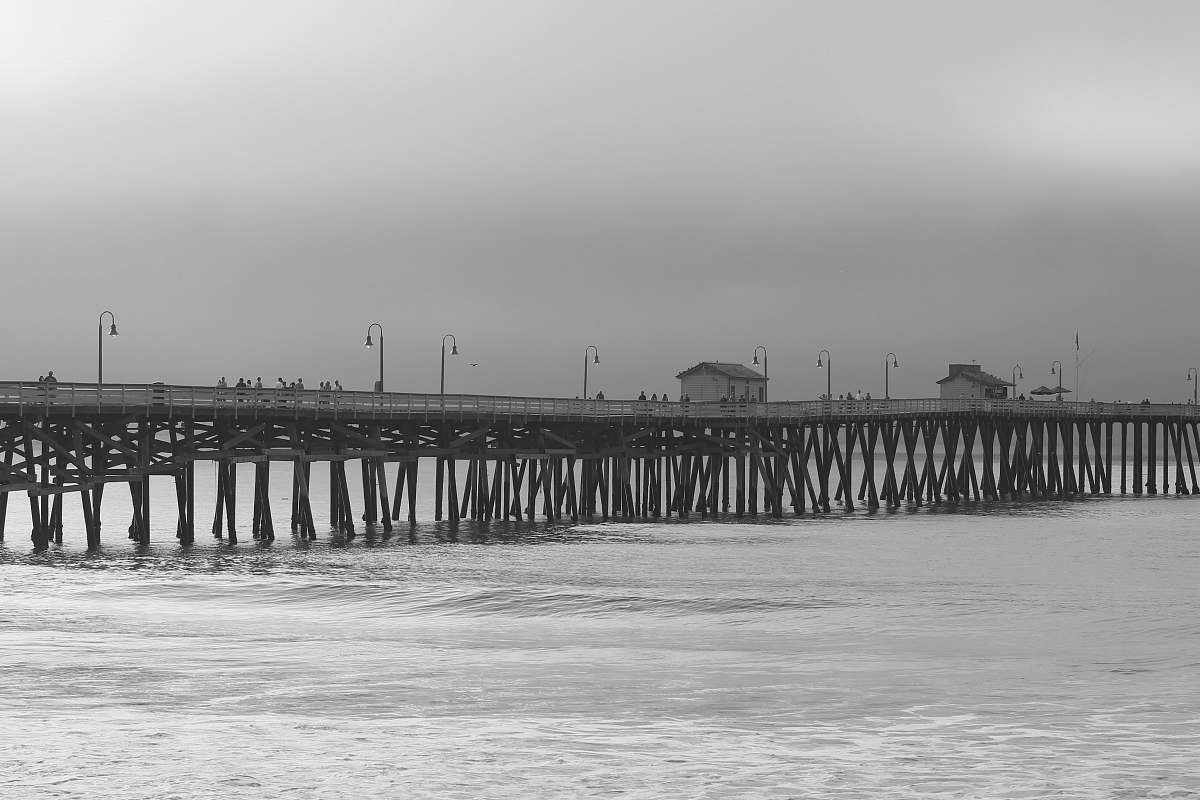 pier bridge over body of water on grayscale phot dock