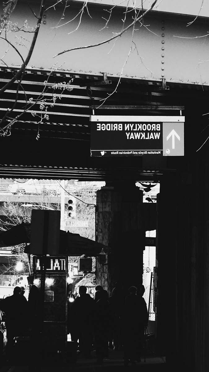 human Brooklyn Bridge Walkway signage person