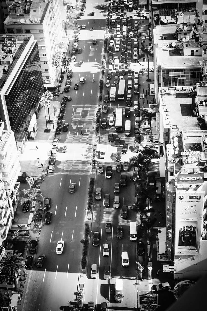 building grayscale bird's eye-view photography of city road city