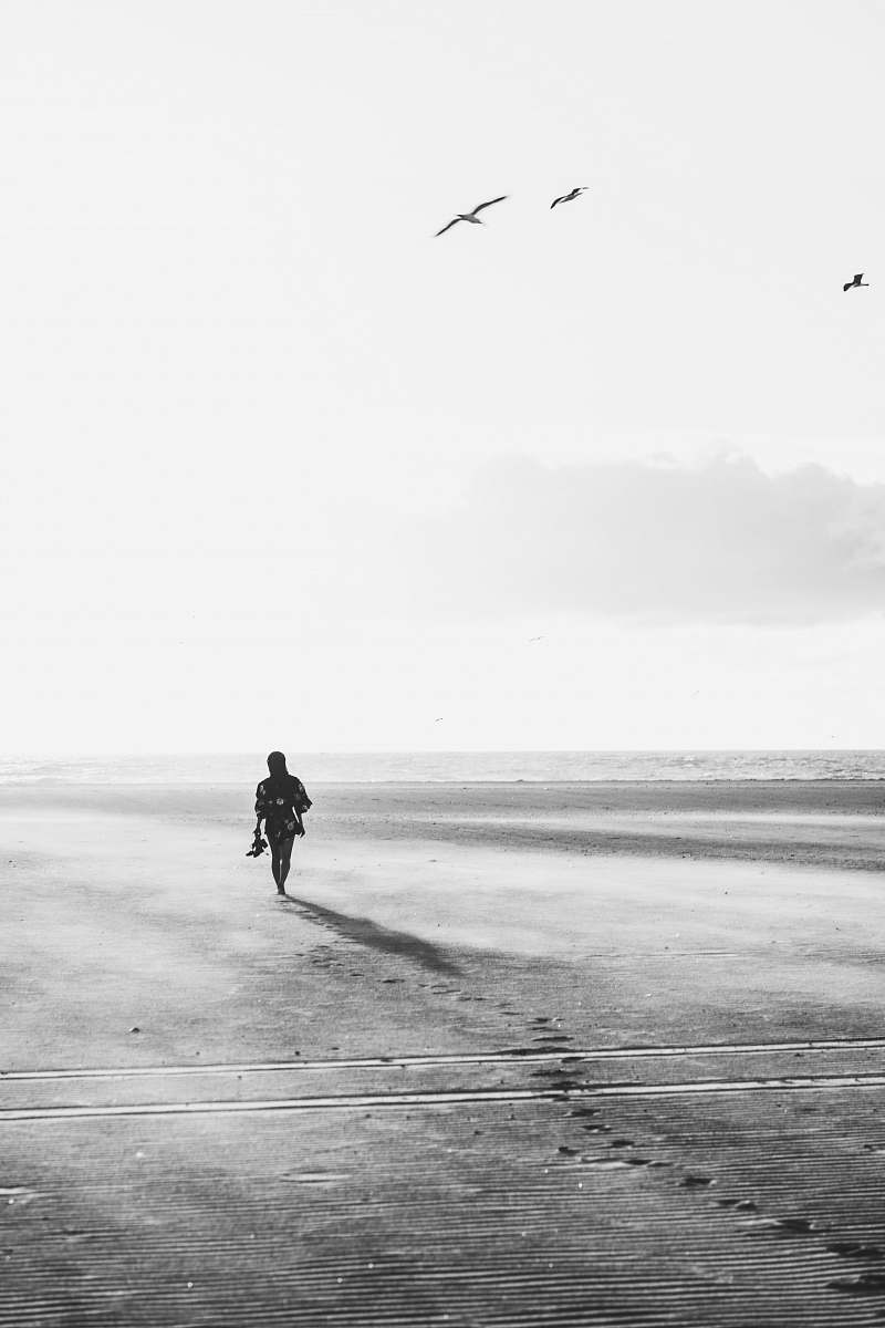 person grayscale photo of person walking under birds human