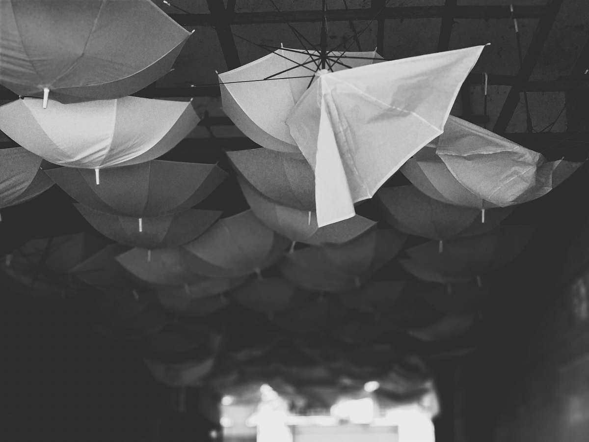 grey grayscale photo of pile of umbrellas umbrella