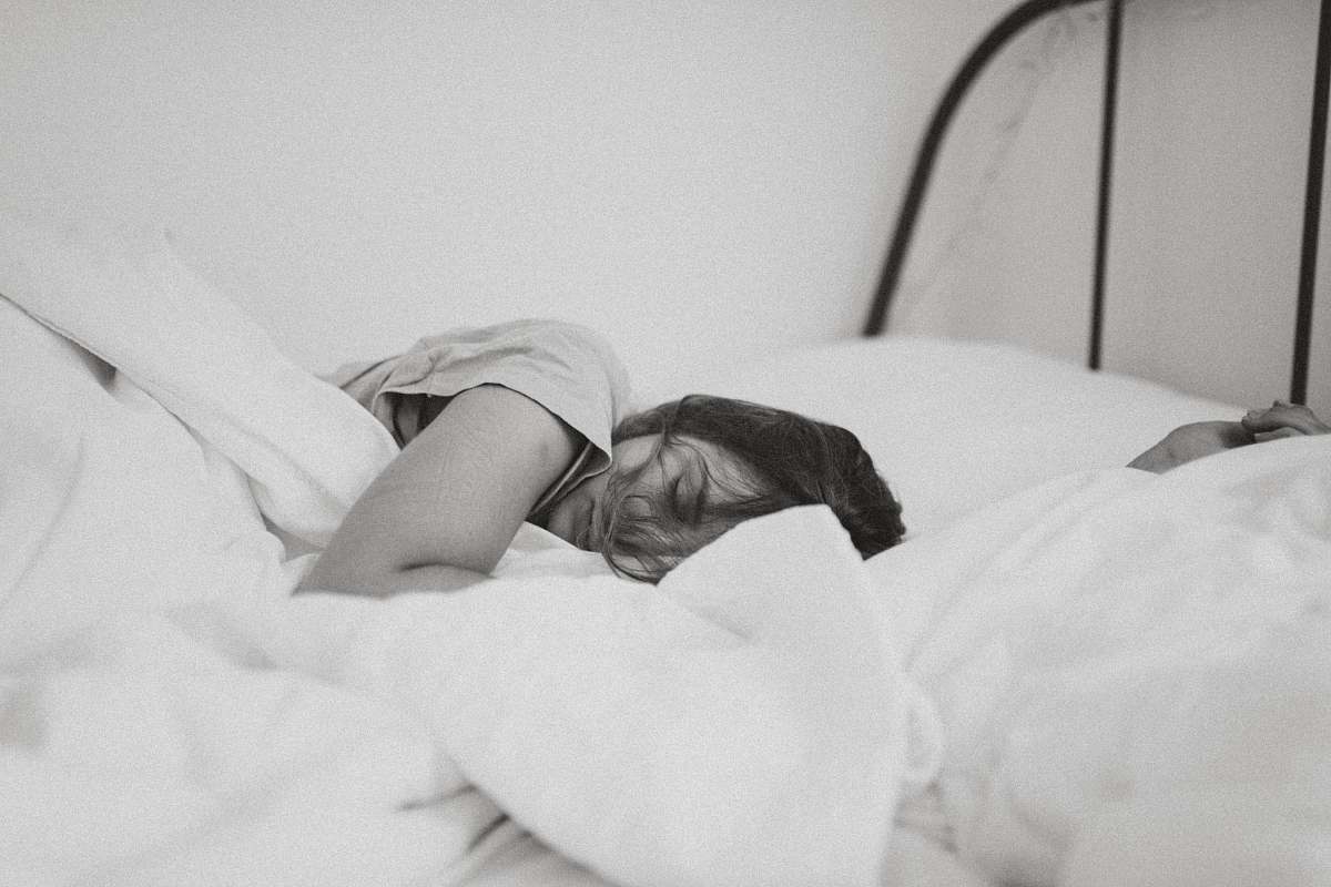 ✓ Bed Grayscale Photo Of Sleeping Woman Lying On Bed Furniture Image - Free  Stock Photo