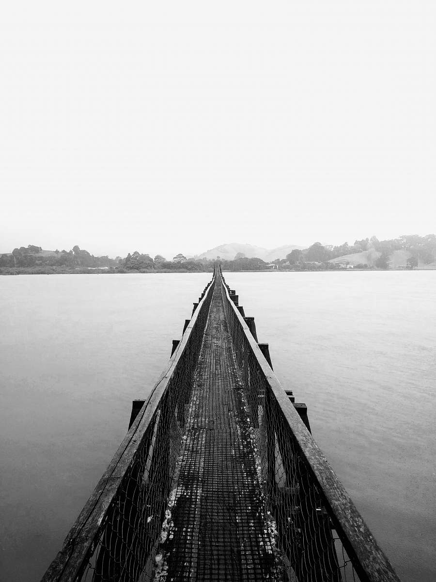 pier grayscale photo of wooden bridge above water dock