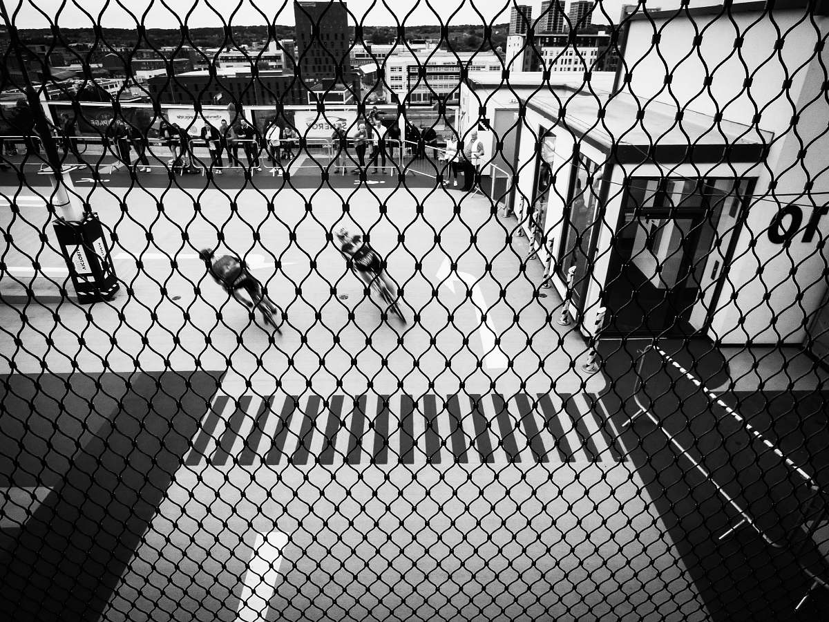 prison grayscale photography of chain link fence grey