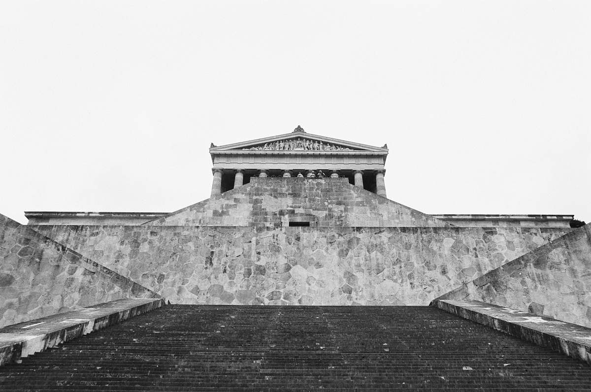 architecture grayscale photography of concrete stairs near musuem building