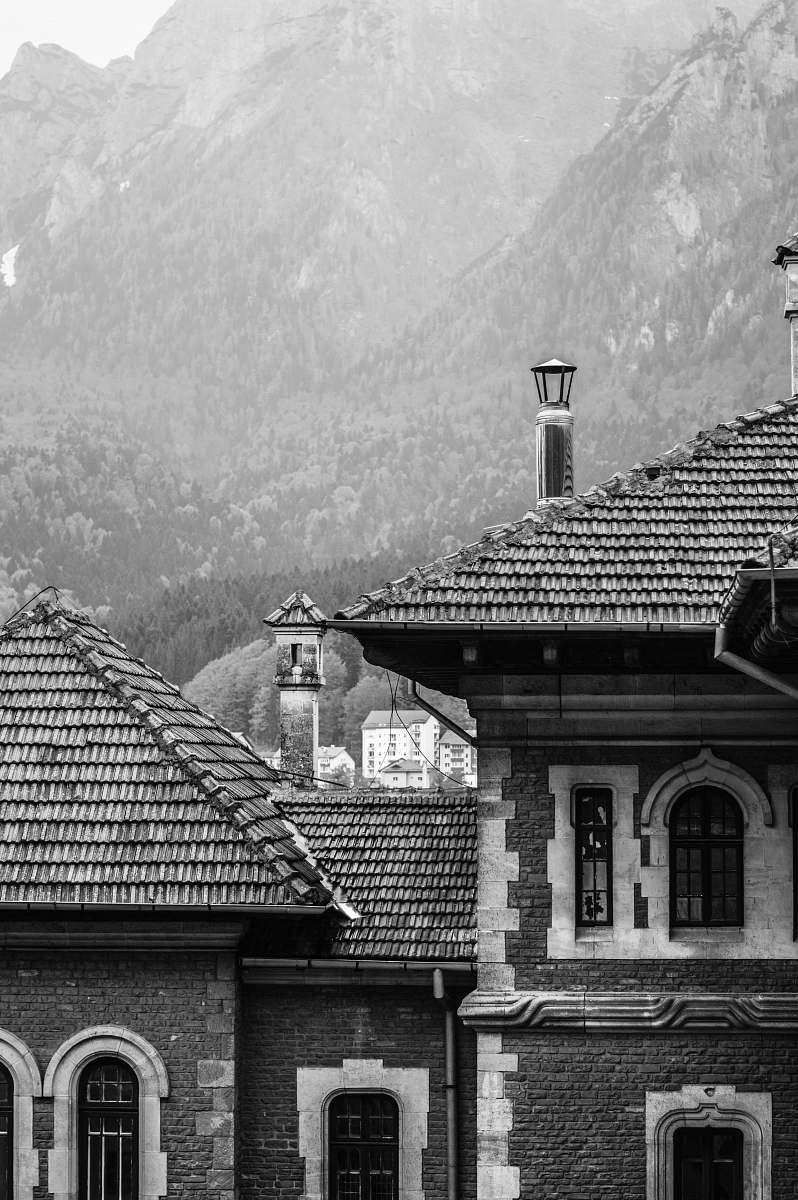 building grayscale photography of house near mountain roof