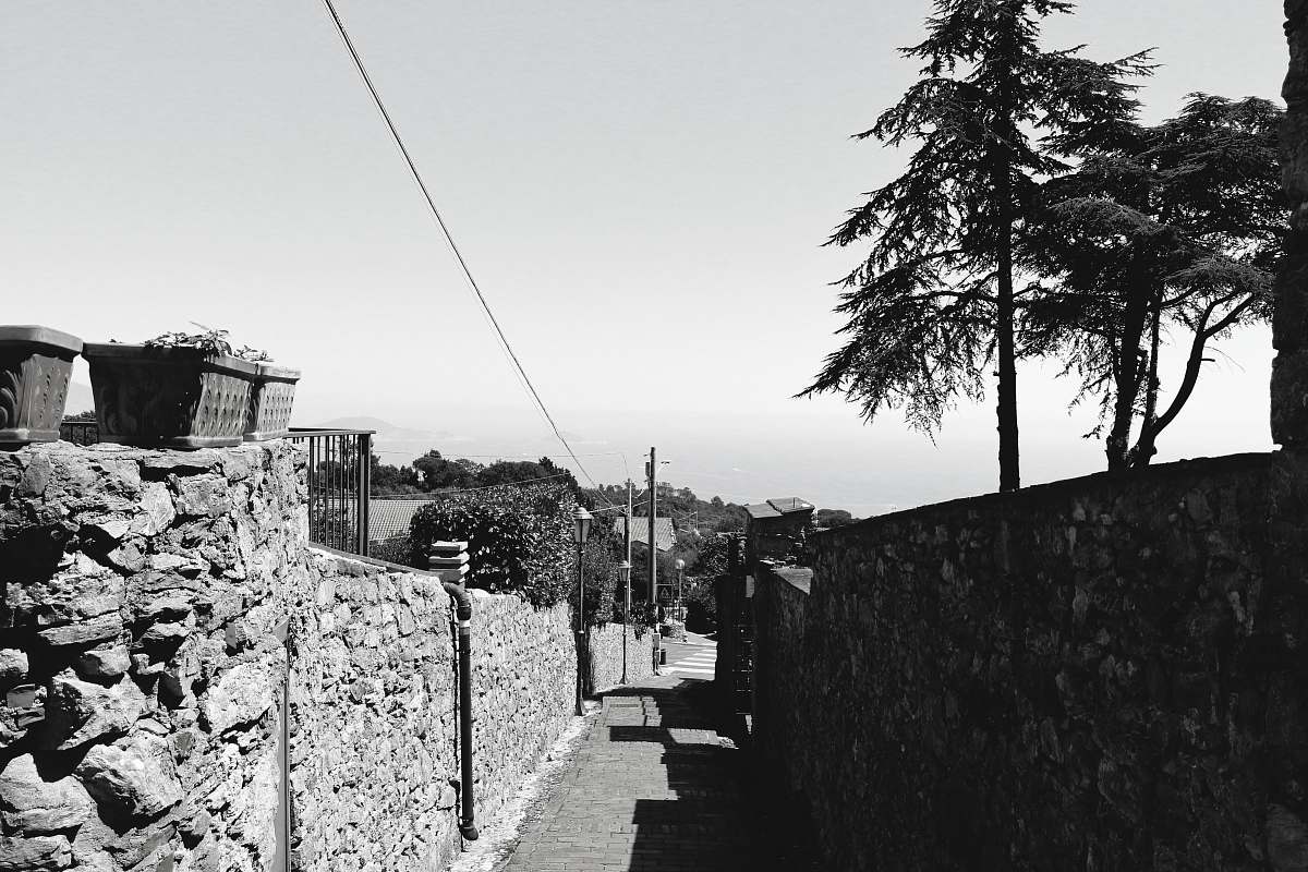 path grayscale photography of pathway in between buildings walkway