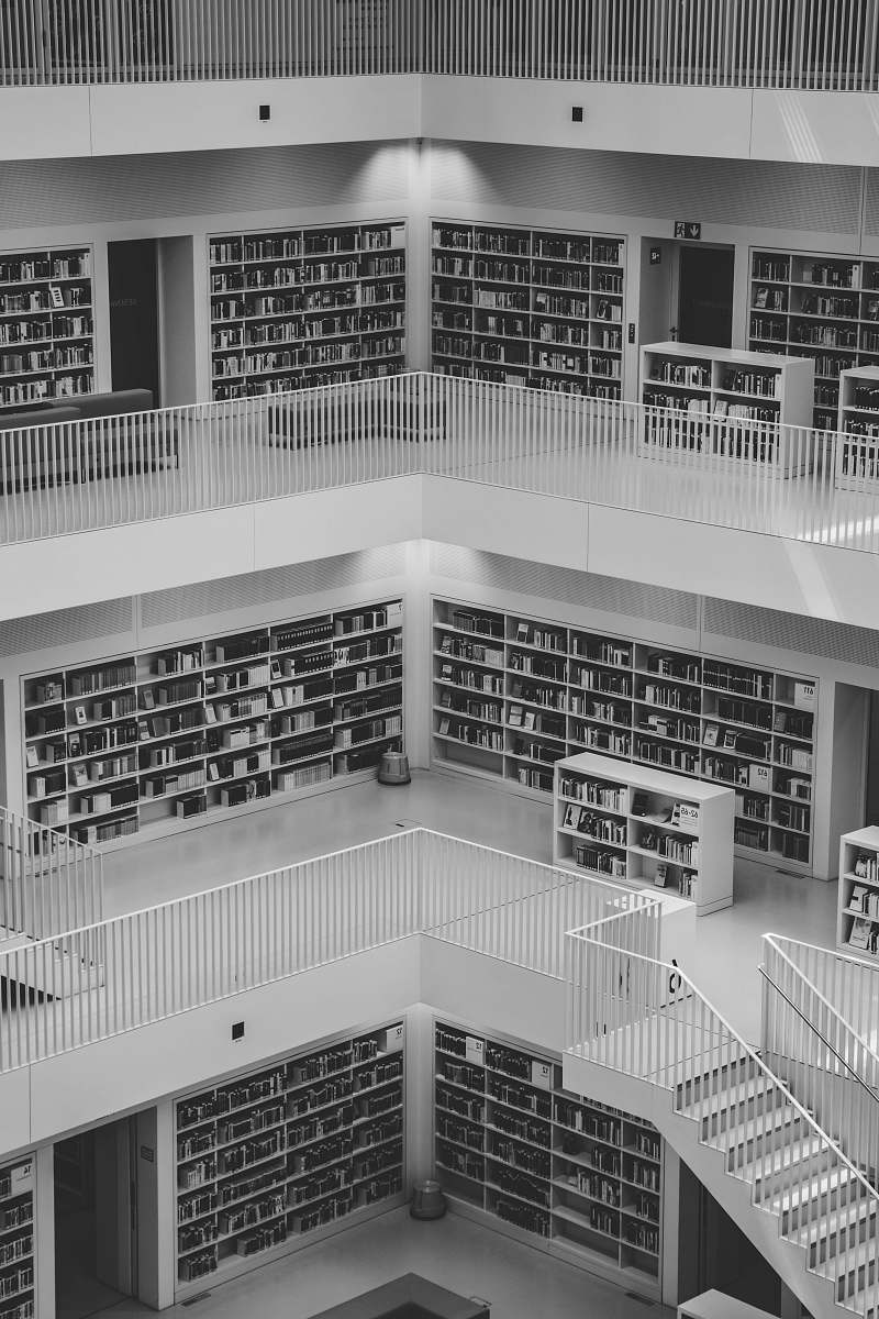 grey greyscale photo of library stuttgart