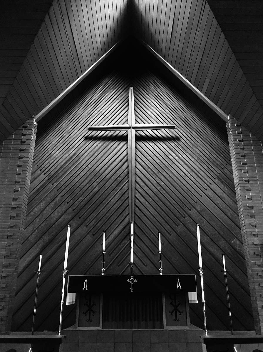 church greyscale photography of church altar building