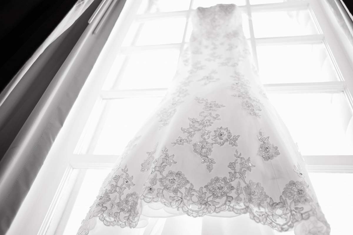 clothing hanged white and gray wedding dress apparel