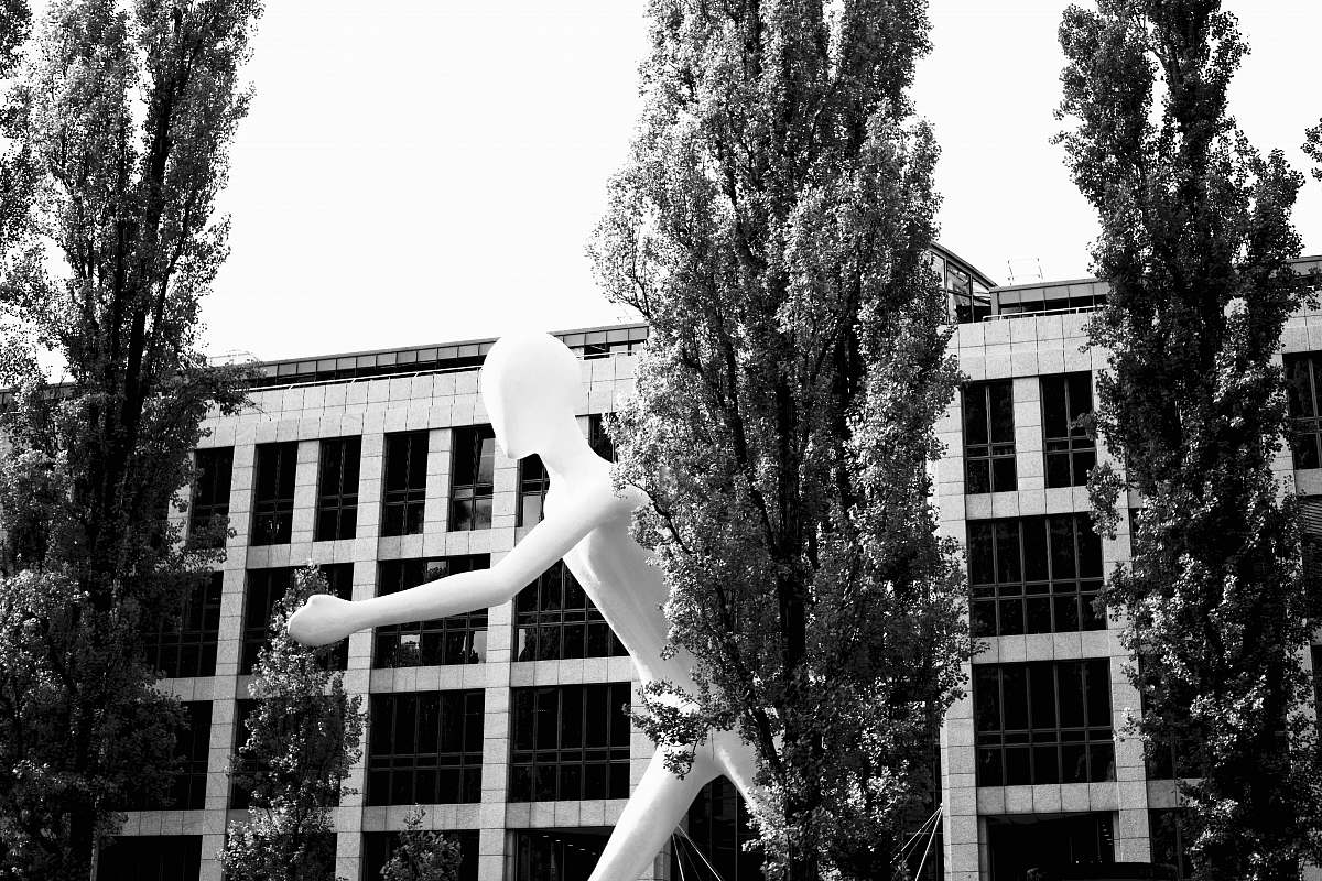 plant human statue beside building tree