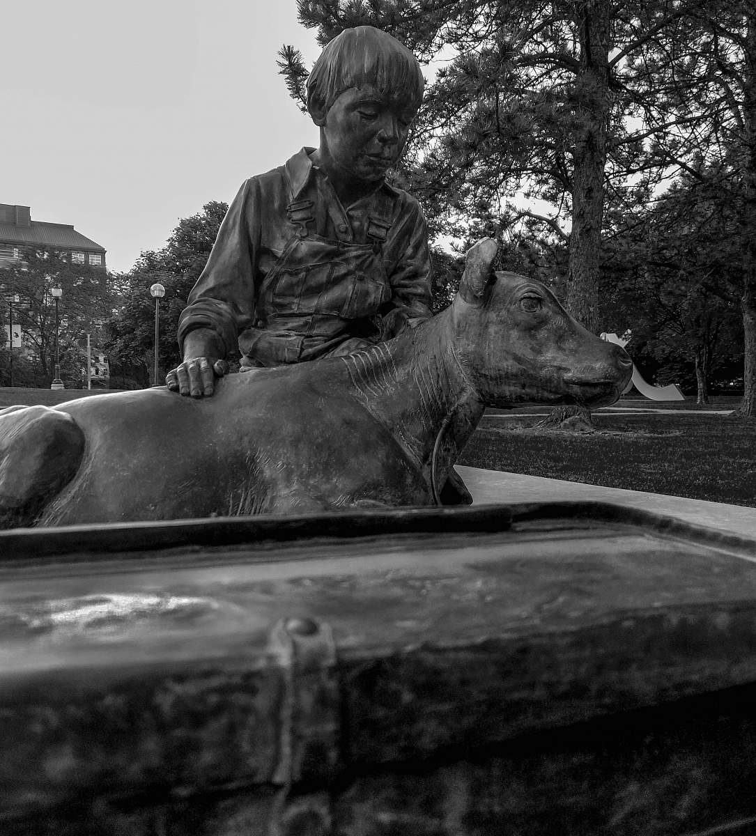 human man holding animal statue person