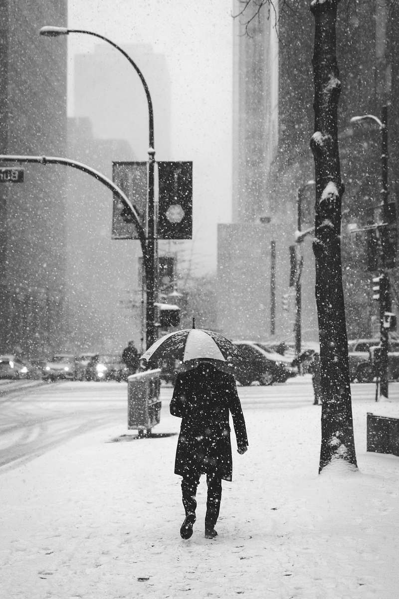 winter person holding umbrella standing near street light snow