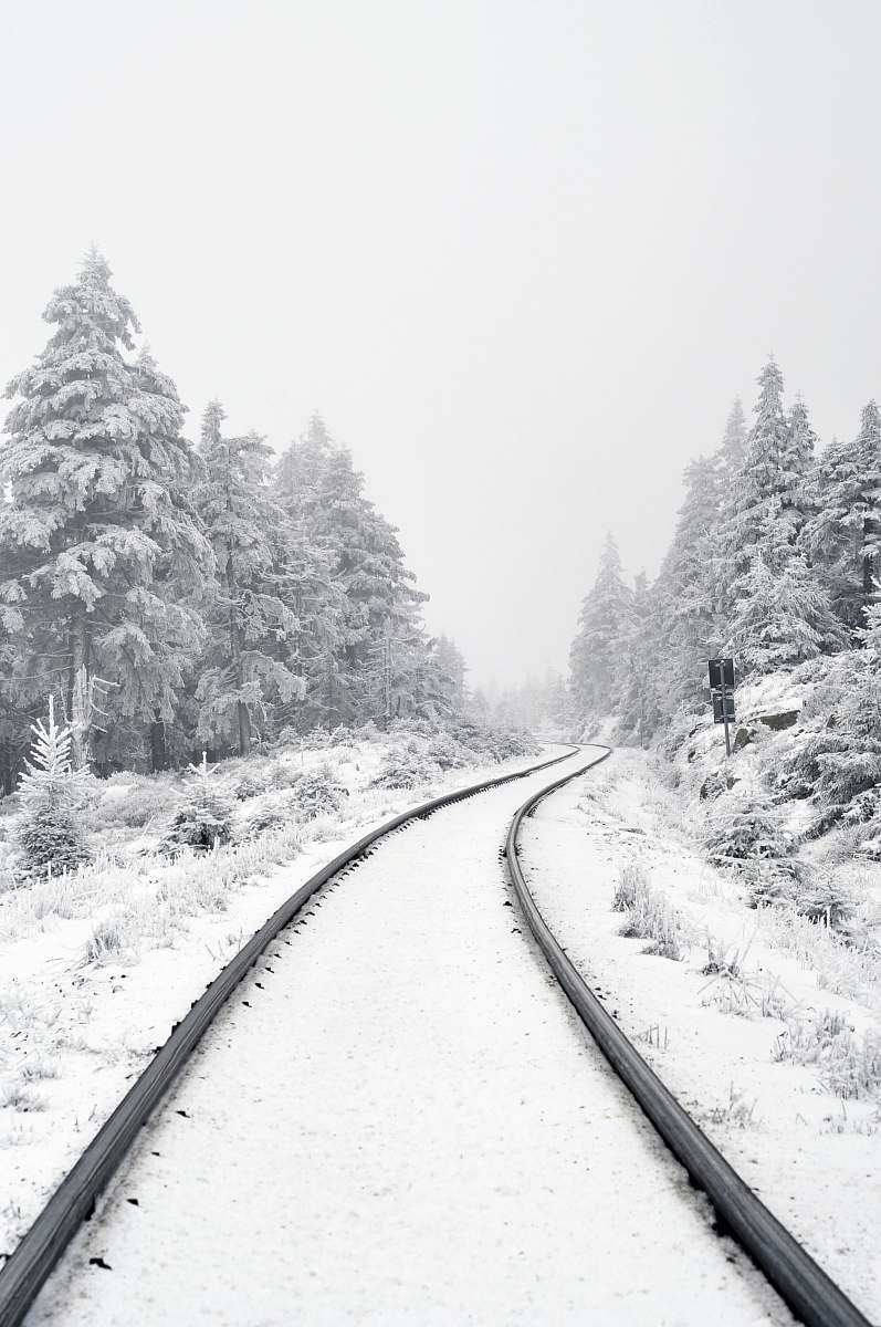 winter railway covered by snow harz