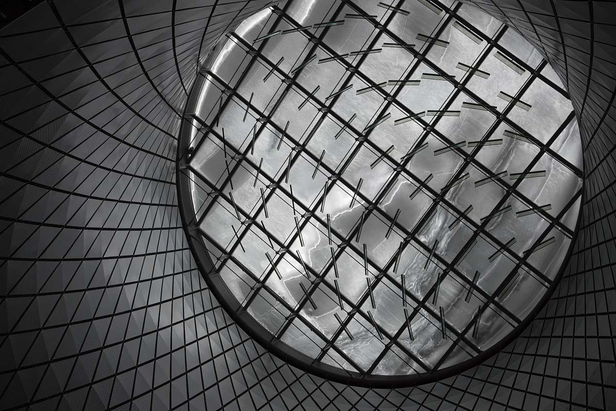 architecture round gray mesh container close up photography ceiling