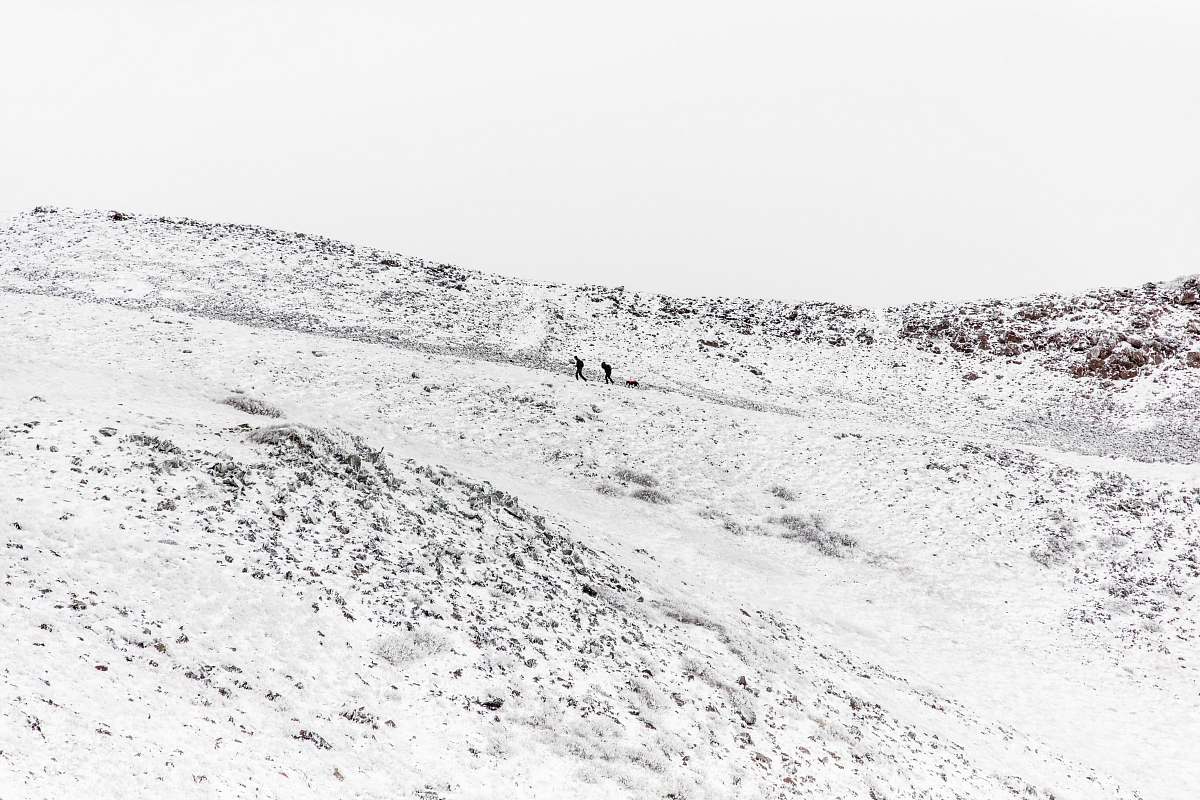 grey two person walking on the valley snow