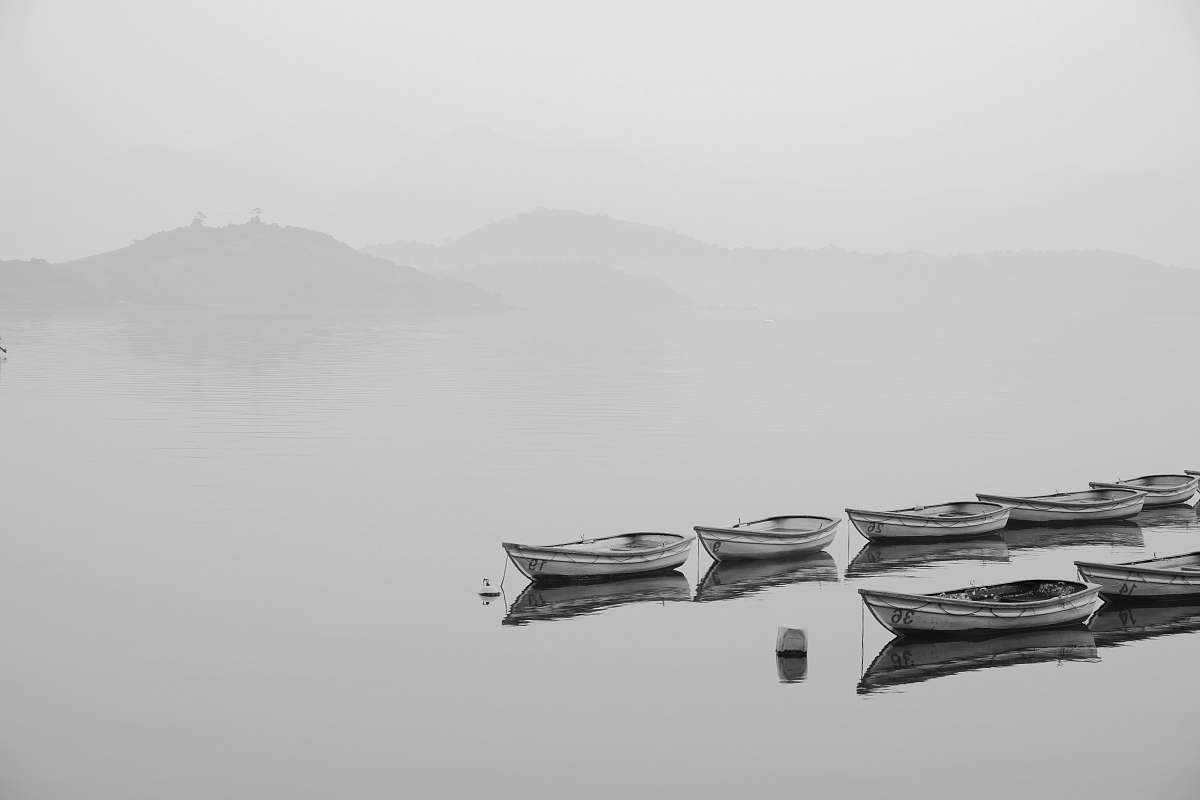 grey white row boats inline on body of water during foggy weather boat