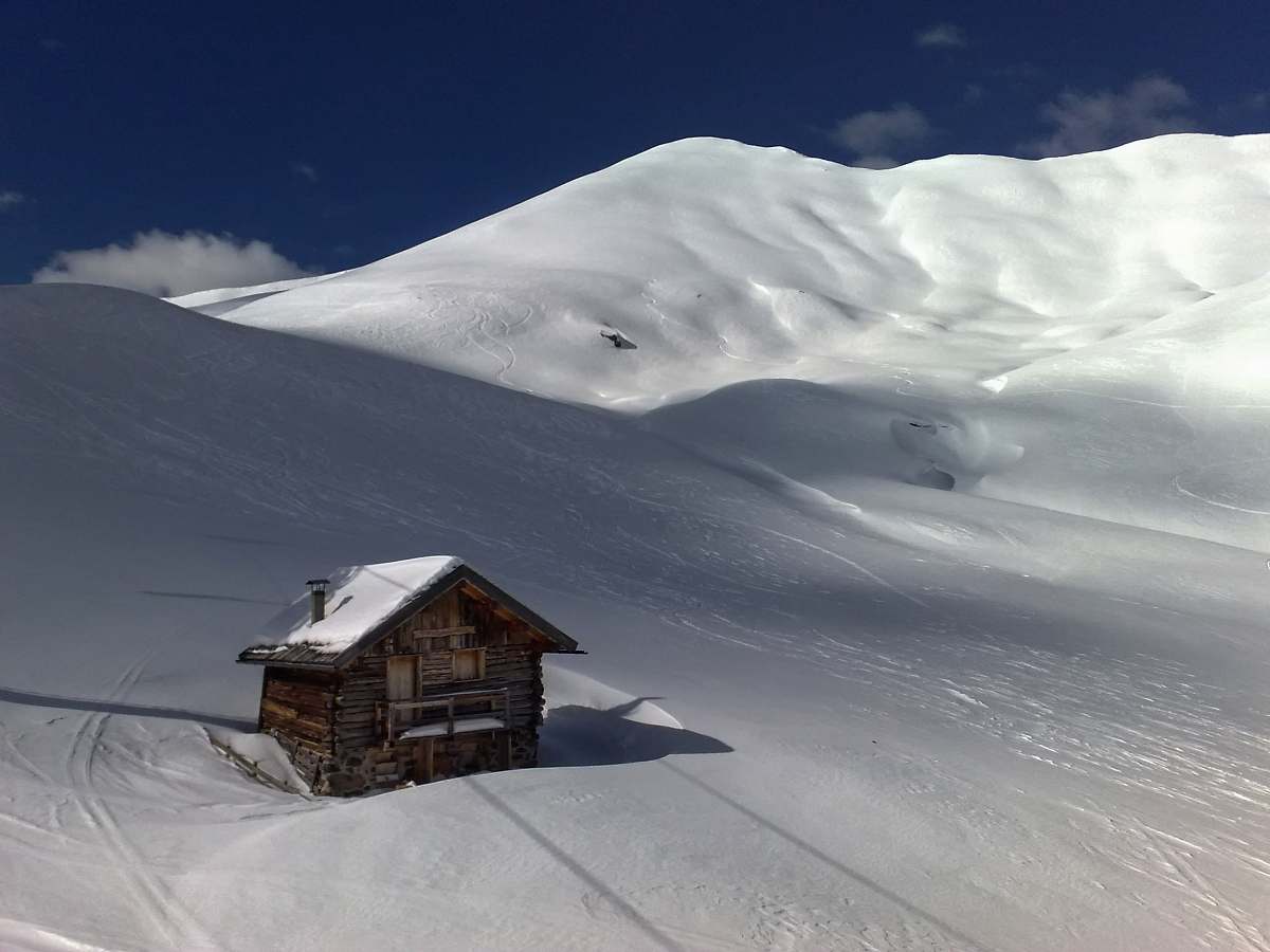snow brown wooden house on the center of snow covered land winter