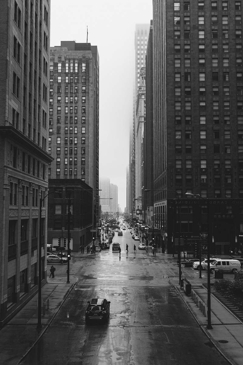 black-and-white grayscale photo of city street city