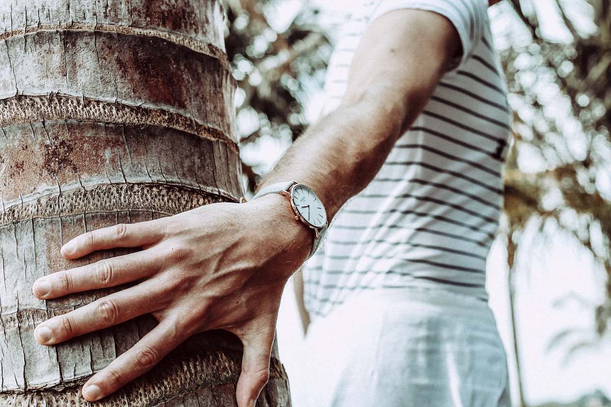 human person in white shirt holding tree trunk person